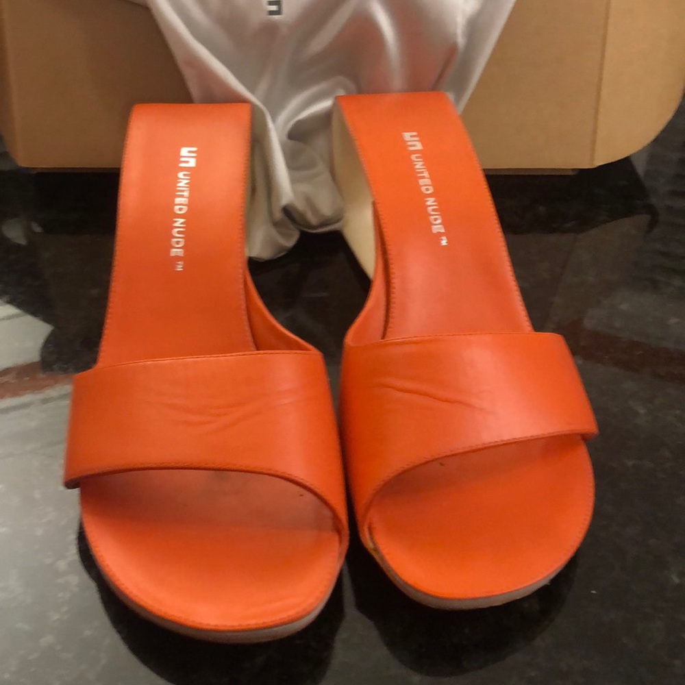 Worn one orange wedges 2 3/4 heal slides lucite